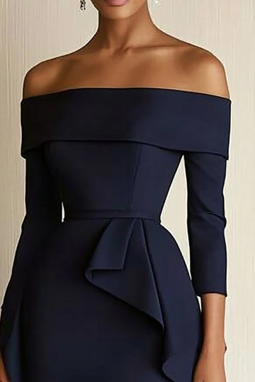 Off The Shoulder Navy Ruffled Work Dress with 3/4 Sleeves